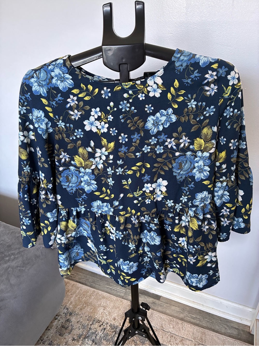 Time and Tru Navy Floral Peplum Top with Blue and Yellow Accents